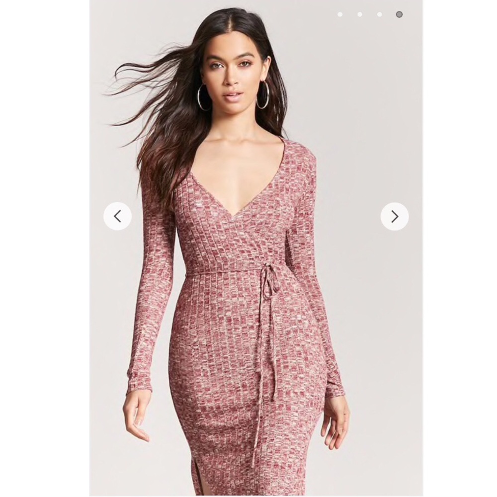 Pink tweed marled knit surplice dress